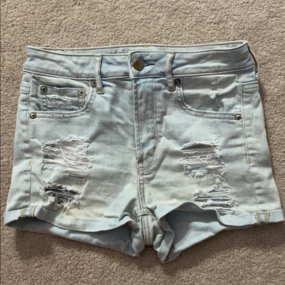 high rise distressed denim shorts
